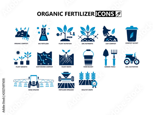 Organic Compost Farming Blue Solid Fill Vector Icon Set Agriculture Collection