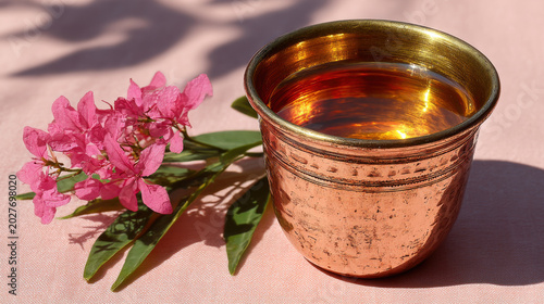 Beautiful copper cup filled with golden liquid sits beside vibrant pink flowers in morning light, creating serene atmosphere