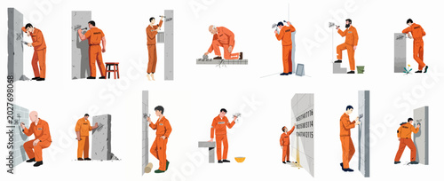 Fotografie Collection of male prisoners in orange jumpsuits drawing tally marks on walls to count down their sentence in prison, flat vector illustration