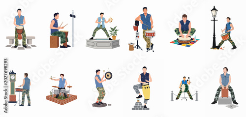 Fotografie Collection of flat vector illustrations of a male street musician playing various percussion instruments in different urban settings