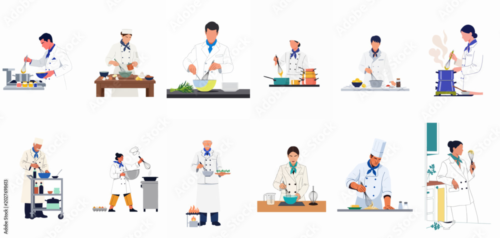 Fototapeta premium Collection of Professional Chefs in White Uniforms Cooking, Whisking, and Preparing Food in a Commercial Kitchen Setting, Isolated on White Background.