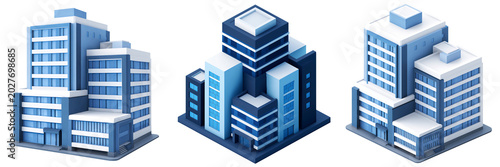 3d Isometric Office Buildings Icon Set in Modern Blue and White Style