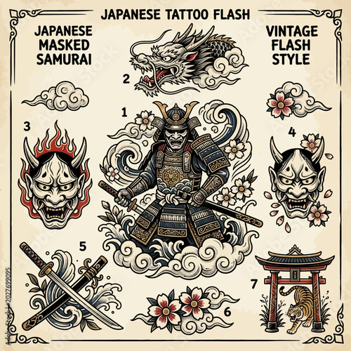 Japanese Samurai Tattoo Flash Art with Dragon, Oni Masks, and Torii Gate