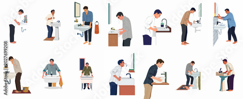 Tableau sur toile Vector Illustration Set of Men in Various Bathroom and Morning Routines, Washing