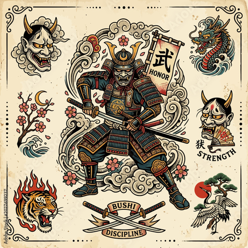 Samurai warrior with sword, traditional Japanese art, dragon, oni masks, crane, tiger