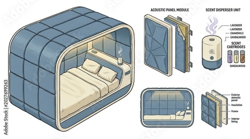 Futuristic Capsule Hotel Room with Detailed Architectural Diagram.