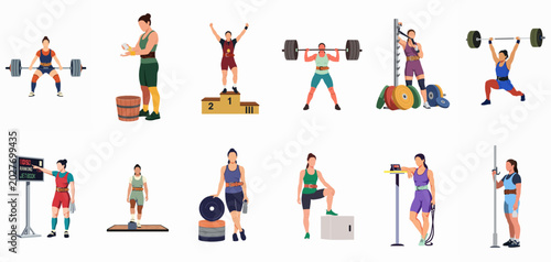 Foto Collection of flat vector illustrations depicting female weightlifters in various stages of training and competition, featuring barbells, podiums, and gym equipment