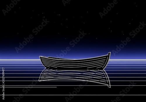 Minimalist boat silhouette floating on reflective water under a starry sky