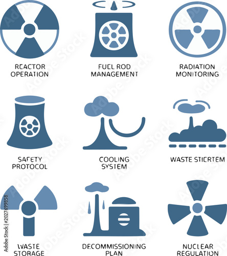Nuclear power plant, energy icons, reactor operation, radiation monitoring, safety protocol
