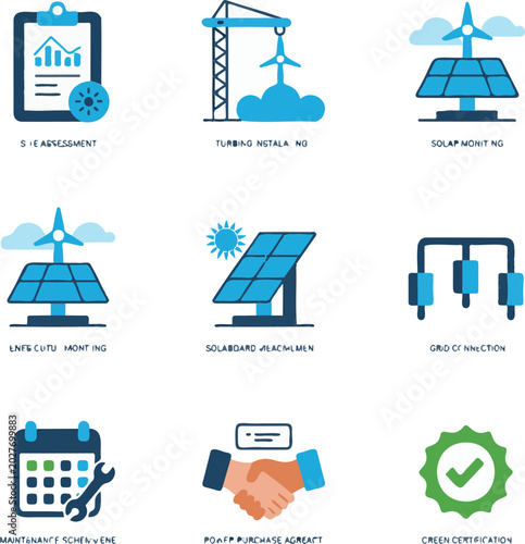 Renewable energy icons, eco friendly symbols, sustainable power signs, green technology illustrations, 9 vector graphics