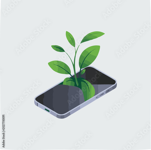 Eco friendly mobile phone, sustainable smartphone, green plant growing, eco tech, nature