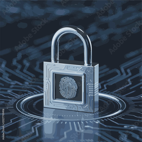 Cyber security, digital protection, lock icon, fingerprint scan, metallic padlock, circuit board background