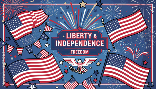 Konstfotografi Vibrant illustration celebrating American Independence Day with waving flags, fireworks, and patriotic symbols