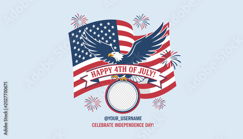 Cuadro en lienzo Happy 4th of July graphic featuring an American flag, an eagle, fireworks, and a space for a username and message