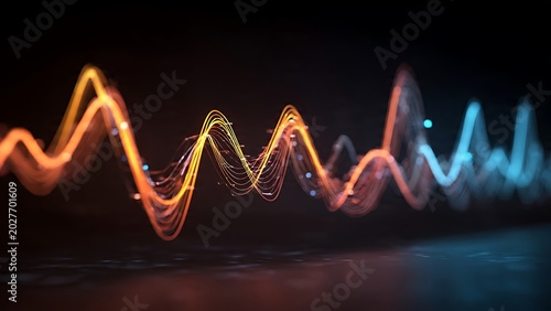 A dynamic sound wave of glowing neon orange and blue light frequencies pulsing across a dark background, representing digital audio technology, voice data, and electronic music.