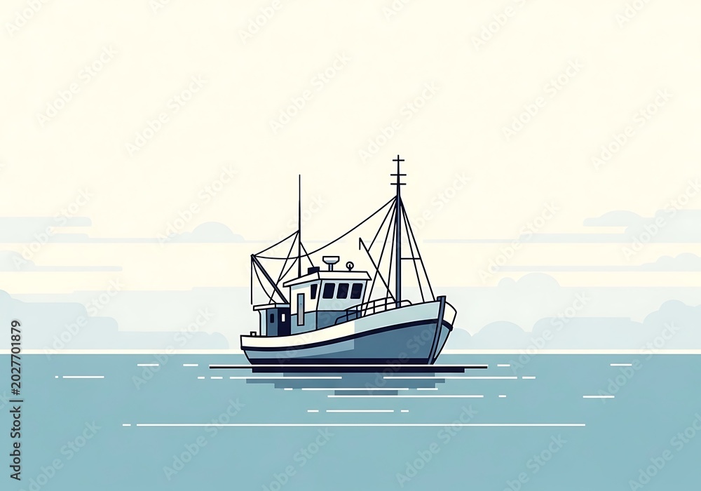 Obraz premium Minimalist illustration of a fishing boat sailing on calm waters