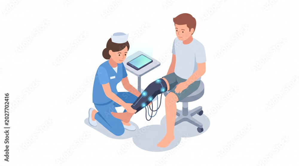 Fototapeta premium Isometric illustration of nurse setting up a neuromuscular stimulation sleeve on a patient leg