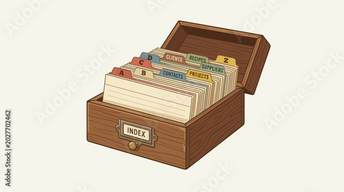 Wooden index card box with alphabetical dividers and cards