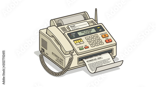 Retro fax machine with paper output and handset, isolated on white.