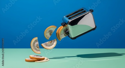 Surreal Levitating Chrome Toaster with Falling Abstract Slices