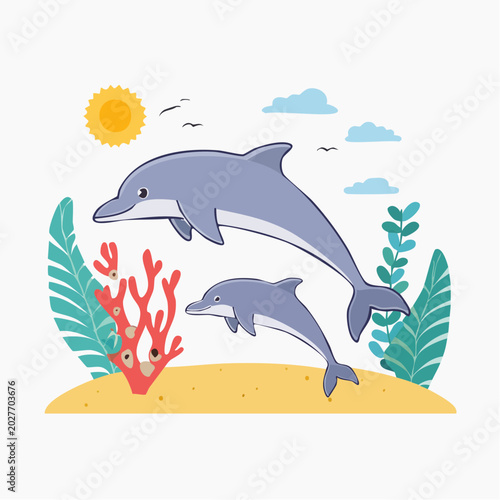 Two Dolphins Swimming in the Ocean with Coral and Sun