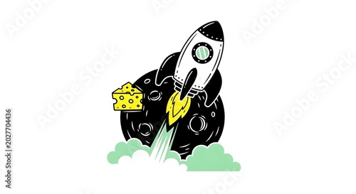 Stylized Rocket Launching from Moon with Cheese Wedge Illustration