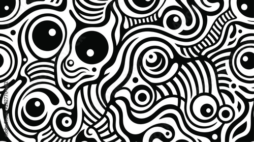 Bild auf Leinwand Abstract Seamless Pattern with Psychedelic Eyes and Wavy Lines Black and White D