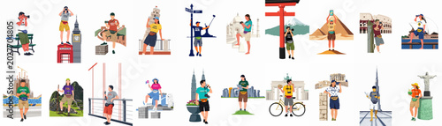 Canvas Print Collection of diverse tourists visiting famous global landmarks, taking photos, and exploring world-renowned travel destinations in a flat illustration style