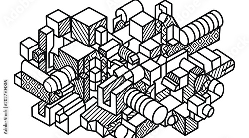 Abstract Isometric Geometric Shape Composition Black and White Line Art Technical Illustration