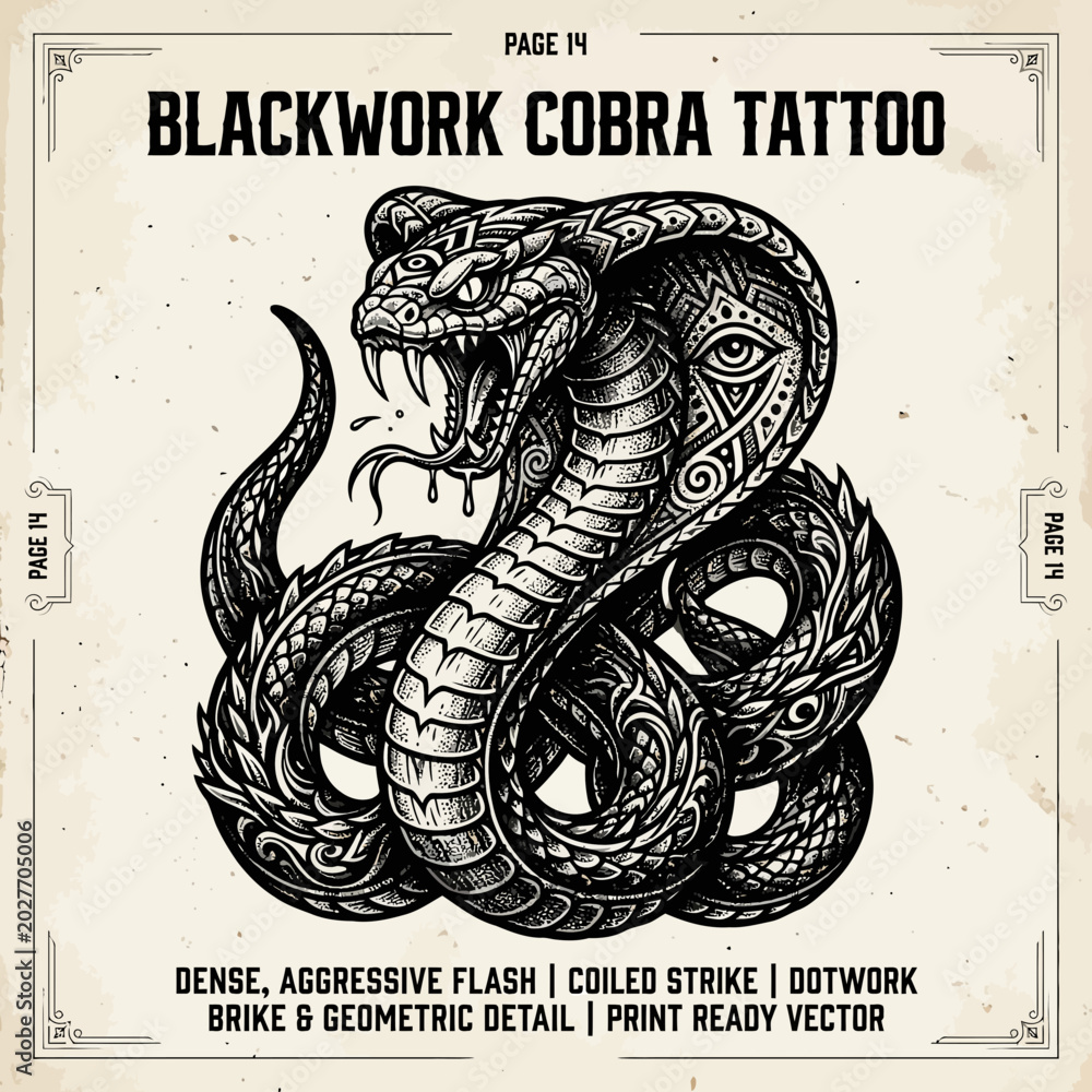 Fototapeta premium Blackwork Cobra Tattoo Art, Aggressive Snake Illustration, Dotwork Style