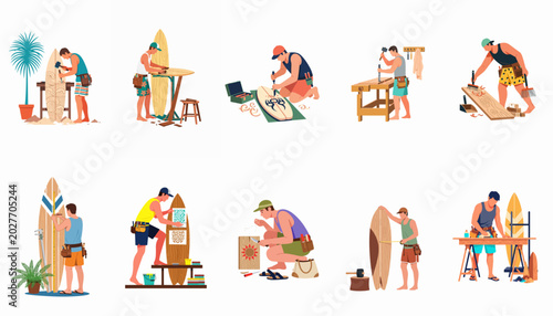 Εκτύπωση καμβά Set of Illustrations Depicting Male Artisans Handcrafting, Carving, and Designing Custom Wooden Surfboards in Various Workshop Environments