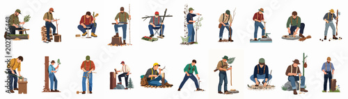 Foto Collection of men practicing bushcraft, woodworking, and survival skills in the forest using traditional tools and techniques