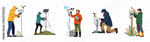 Photos Professional meteorologists and scientists in outdoor gear working with various weather stations and meteorological equipment for data collection and environmental research