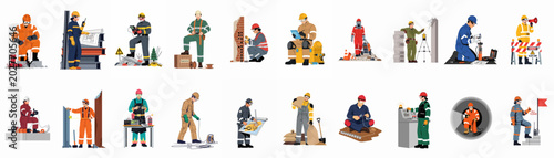 Quadro su tela Large collection of professional workers in industrial, construction, and demolition roles, featuring experts handling explosives, site surveys, and safety management