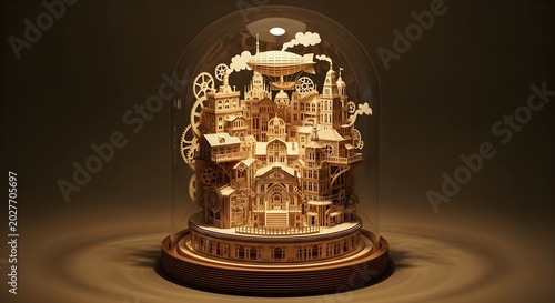 Intricate Steampunk Miniature City Under Glass Dome