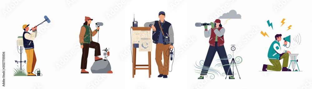 Εκτύπωση καμβά Collection of flat vector illustrations depicting meteorologists and storm chasers using scientific tools to observe and record weather phenomena and storm data