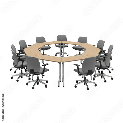 Modern conference table with eight chairs around it isolated on transparent background