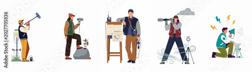 Canvas Print Collection of flat vector illustrations depicting meteorologists and storm chasers using scientific tools to observe and record weather phenomena and storm data