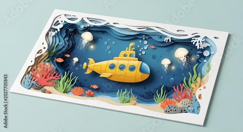 3D Paper Cutout Illustration of Yellow Submarine Underwater