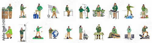 Fotografie Set of diverse environmental scientists and ecologists conducting research and monitoring nature in various outdoor field settings, using specialized equipment