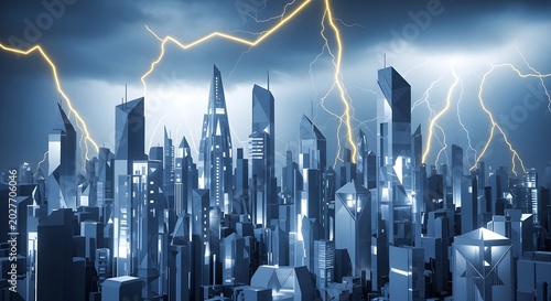 Futuristic Urban Skyline During Dramatic Lightning Storm