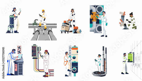 Foto Collection of diverse industrial workers in protective suits operating machinery, monitoring processes, and conducting quality control in a modern manufacturing facility