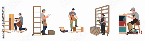 Cuadro en lienzo Collection of illustrations featuring furniture assemblers and carpenters building wooden bookshelves and cabinets using diverse tools, isolated on a white background