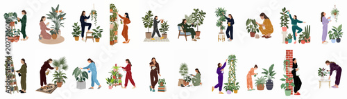 Photos Set of illustrations of women in loungewear caring for indoor houseplants, including watering and spraying, isolated on a white background