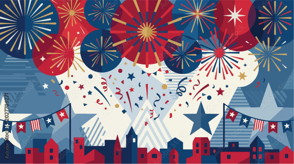 Obraz premium Festive fireworks display over an American city during national holiday celebrations