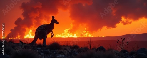 Burning landscape, kangaroo silhouette against inferno , red, kangaroo, fire