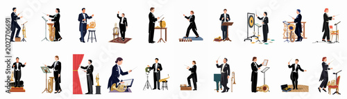 Flat vector illustrations of male and female orchestral conductors in formal attire, posing with various musical instruments and batons on a white background.