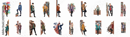 Foto Collection of diverse young people in trendy streetwear posing against urban brick walls with graffiti, using smartphones and taking selfies