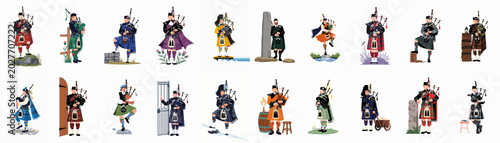 Tableau sur toile A collection of eighteen illustrations of Scottish bagpipers in traditional Highland dress with diverse kilts, tartans, and musical poses