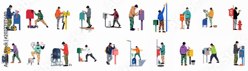 Tableau sur toile Set of illustrations depicting various graffiti artists tagging urban objects like mailboxes, lampposts, and walls in a flat design style